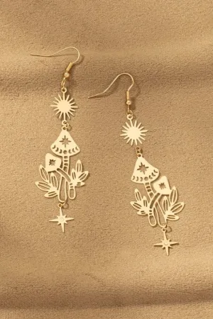 Brass Stamping Drop Earrings with Sun, Star and Mushroom