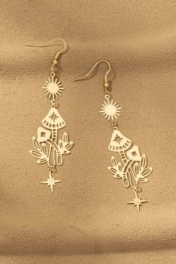 Brass Stamping Drop Earrings with Sun, Star and Mushroom