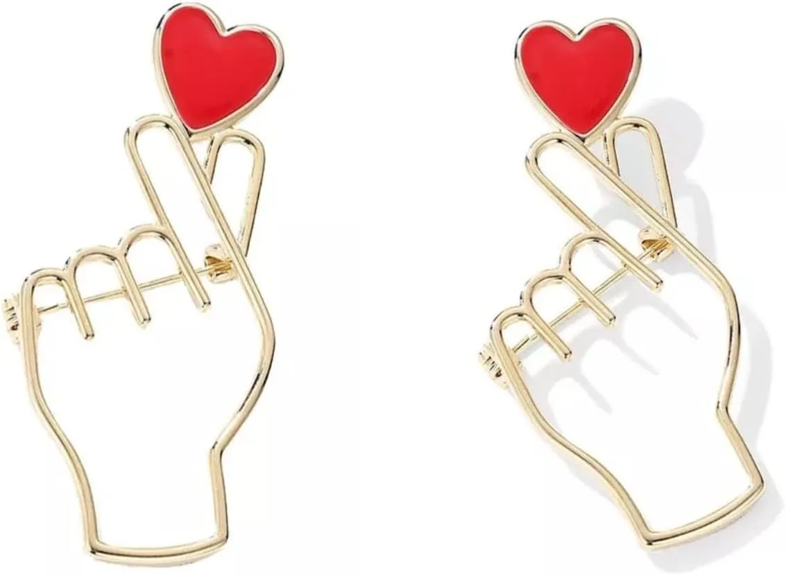 Brooches Heart Finger for K-Pop Pins Love Heart Hand Pins Korean Symbol Love 2 pcs Pin for Clothing Decoration Army Gift merch Gold Silver