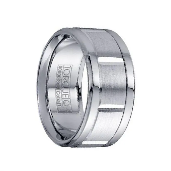 Brushed Grooved 14k White Gold Center with Cobalt Edges Men’s Domed Ring - 10.5mm