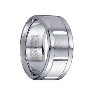Brushed Grooved 14k White Gold Center with Cobalt Edges Men’s Domed Ring - 10.5mm