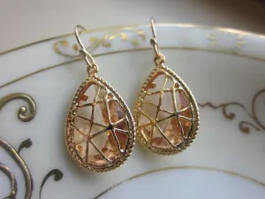 Champagne Peach Earrings Pink Gold Twisted - Bridesmaid Earrings - Wedding Earrings - Valentines Day Gift
