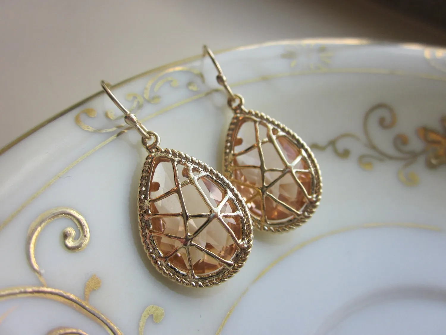 Champagne Peach Earrings Pink Gold Twisted - Bridesmaid Earrings - Wedding Earrings - Valentines Day Gift