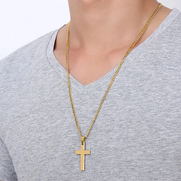 Classy Men Gold Small Christian Cross Pendant Necklace