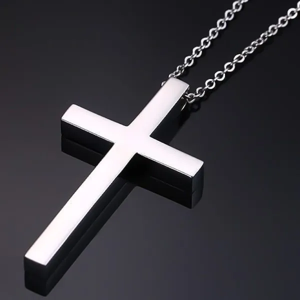 Classy Men Long Silver Cross Pendant Necklace