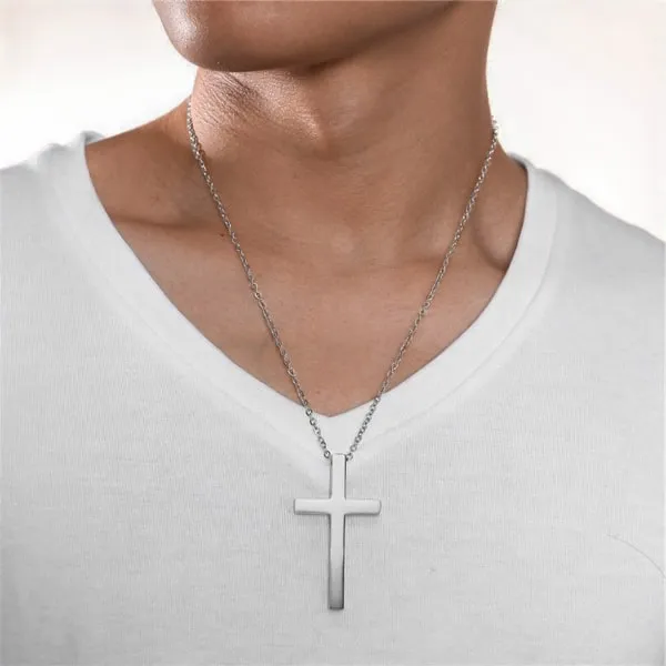 Classy Men Long Silver Cross Pendant Necklace