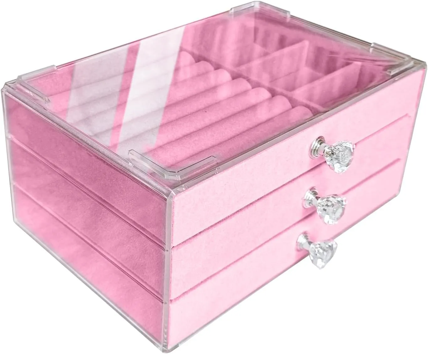 Clear Acrylic Velvet Jewelry Organizer with 3 Drawers, Stackable Display Storage Earrings Necklace Rings Bracelets Box Holder Case for Women, Pink