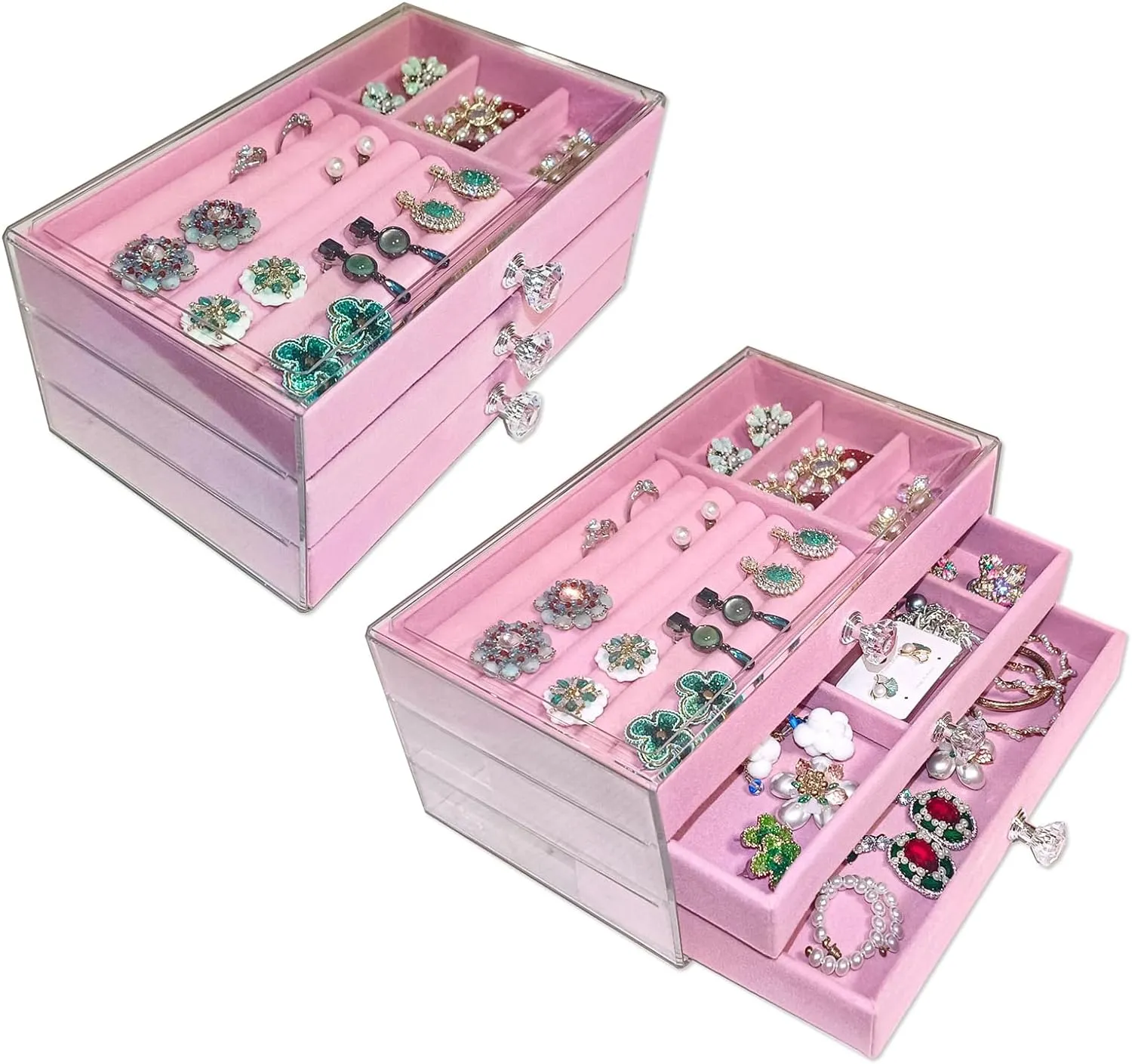 Clear Acrylic Velvet Jewelry Organizer with 3 Drawers, Stackable Display Storage Earrings Necklace Rings Bracelets Box Holder Case for Women, Pink