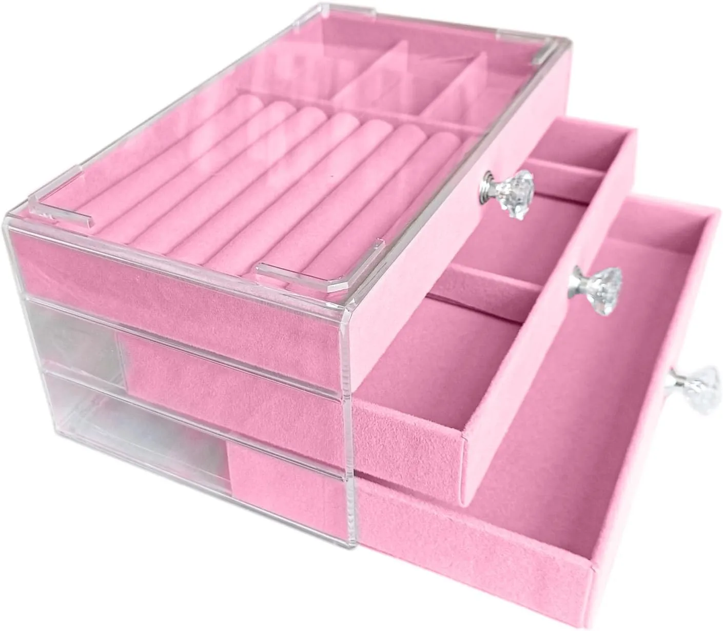 Clear Acrylic Velvet Jewelry Organizer with 3 Drawers, Stackable Display Storage Earrings Necklace Rings Bracelets Box Holder Case for Women, Pink