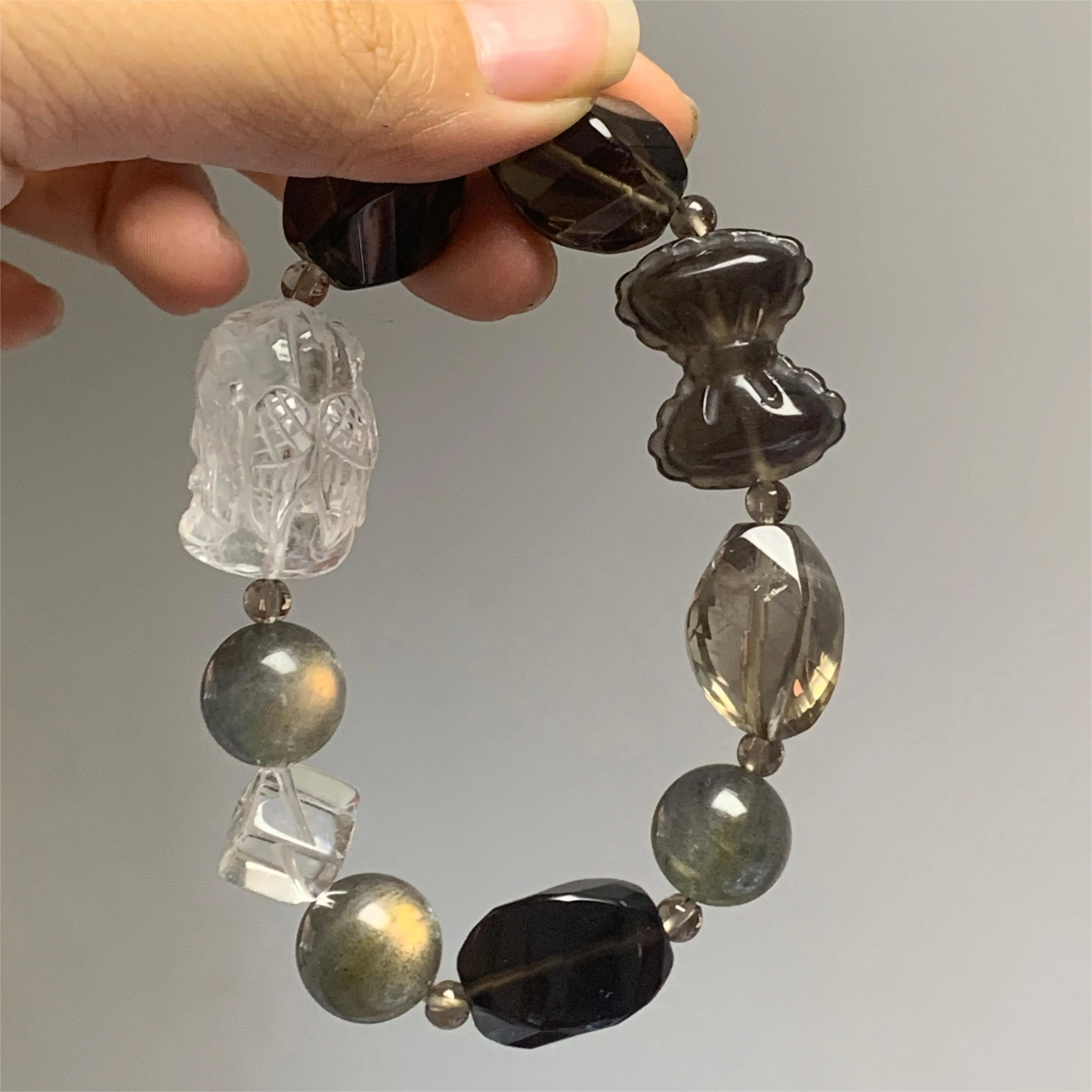Clear Quartz Elephant Deity Smoky Quartz Labradorite Bracelet