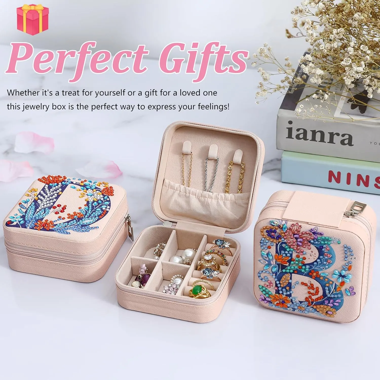 Diamond Art Jewelry Box Girls Mini Jewelry Box Earring Box Christmas Gifts Birthday Gifts for Teen Girl Women Mom Sister Friends BestieLetter E, Pink