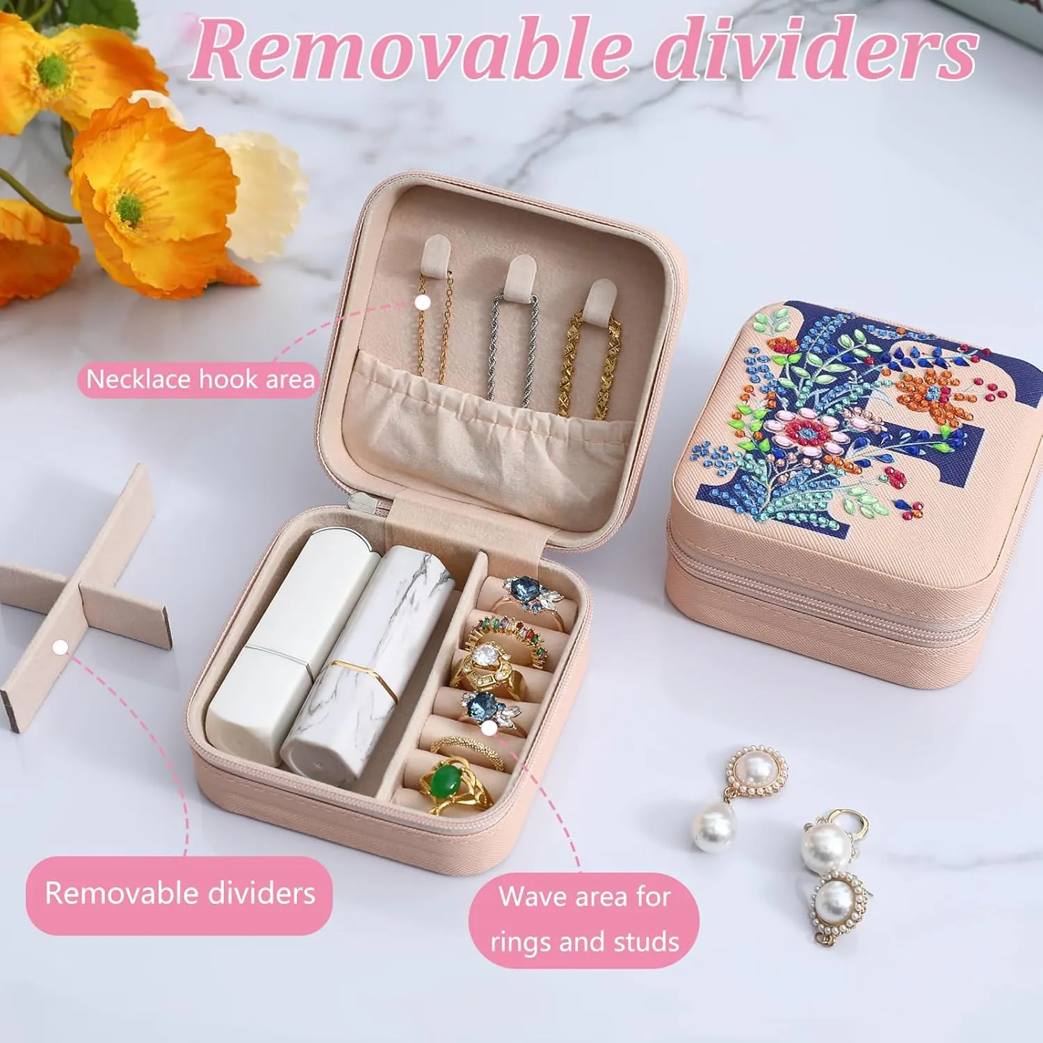 Diamond Art Jewelry Box Girls Mini Jewelry Box Earring Box Christmas Gifts Birthday Gifts for Teen Girl Women Mom Sister Friends BestieLetter E, Pink