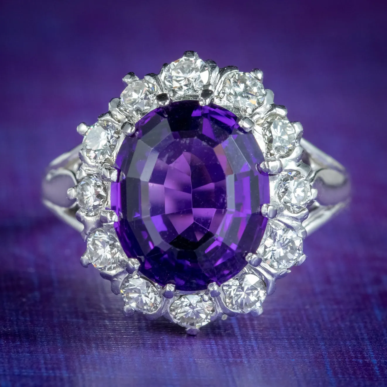 Edwardian Style Amethyst Diamond Cluster Ring Platinum 4ct Amethyst 1.30ct Of Diamond