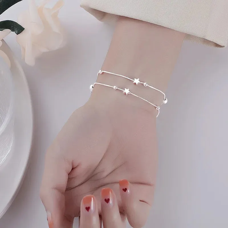 Elegant Multi Strand Stars Beads 925 Sterling Silver Bracelets for Women Adjustable Jewelry Accessories