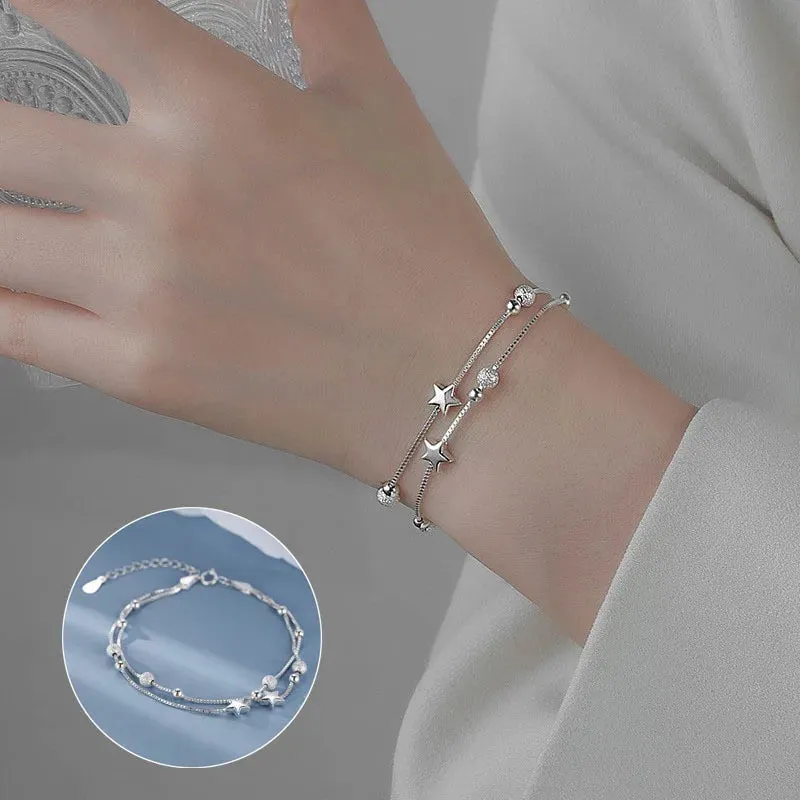 Elegant Multi Strand Stars Beads 925 Sterling Silver Bracelets for Women Adjustable Jewelry Accessories