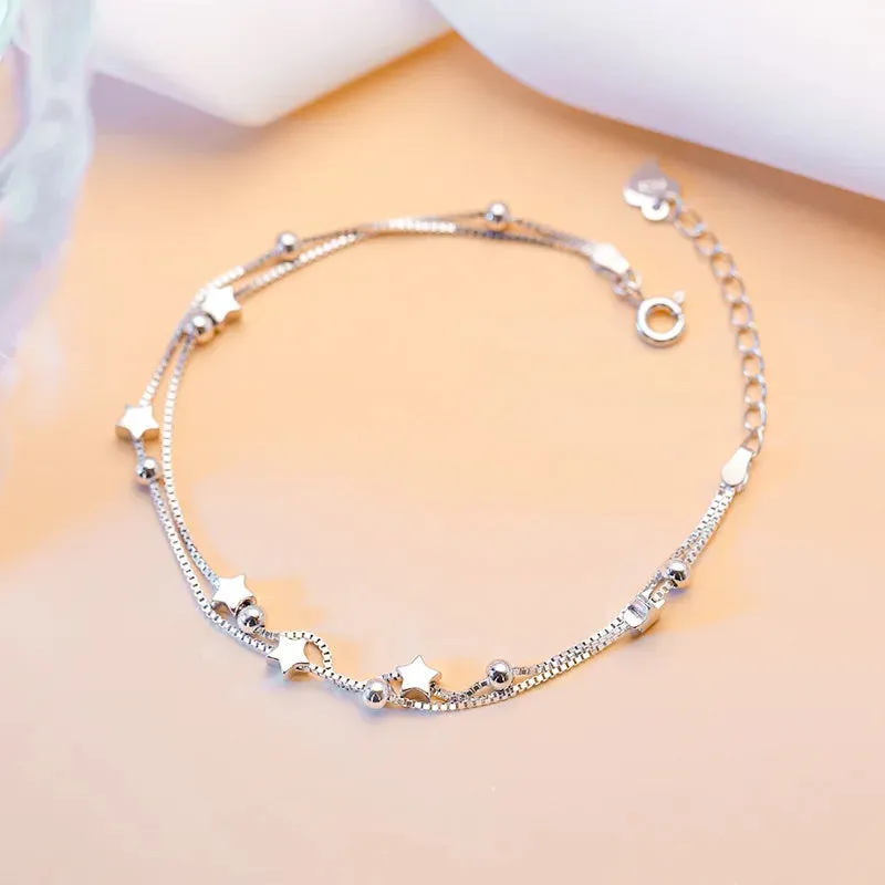 Elegant Multi Strand Stars Beads 925 Sterling Silver Bracelets for Women Adjustable Jewelry Accessories