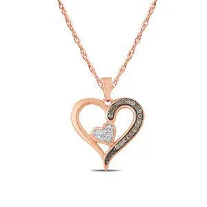 EternalDia 1/6 cttw Champagne and White Diamond Double Heart Pendant Necklace In 10k Rose Gold (IJ, I2/I3) 18''