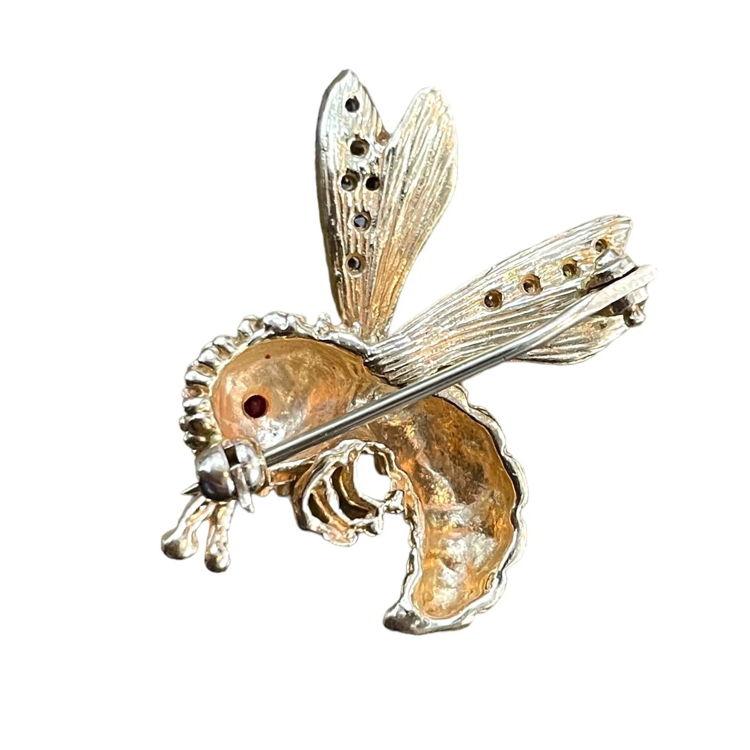 Exquisite 14K Yellow Gold Bumblebee Brooch with Ruby Eye and Natural Diamonds