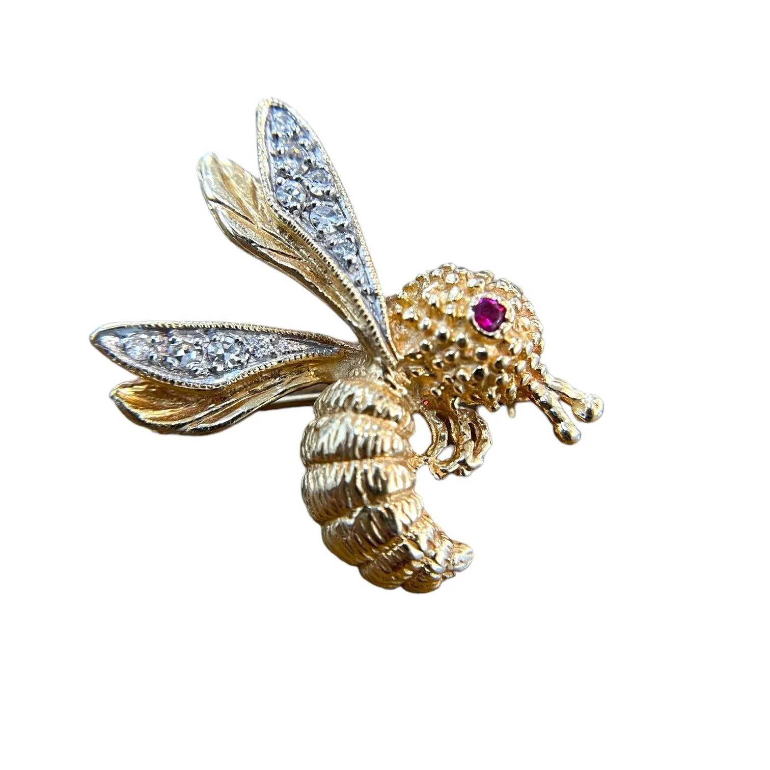 Exquisite 14K Yellow Gold Bumblebee Brooch with Ruby Eye and Natural Diamonds