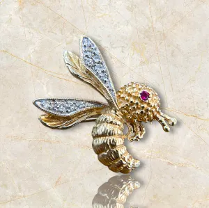 Exquisite 14K Yellow Gold Bumblebee Brooch with Ruby Eye and Natural Diamonds