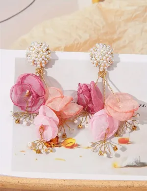 Fabric Flower Petal Pearl Rhinestone Dangle Earrings