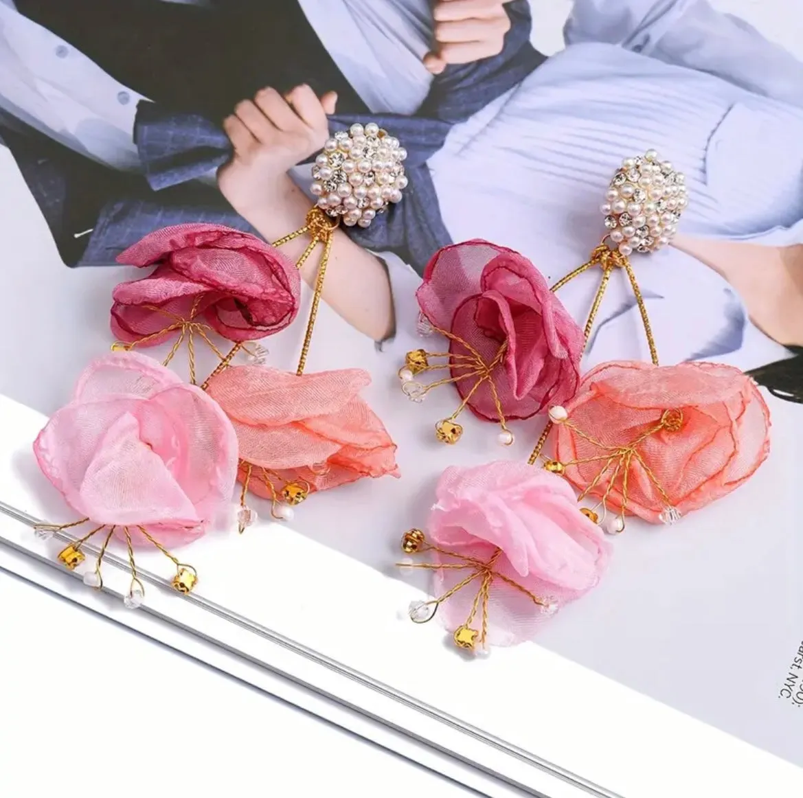 Fabric Flower Petal Pearl Rhinestone Dangle Earrings