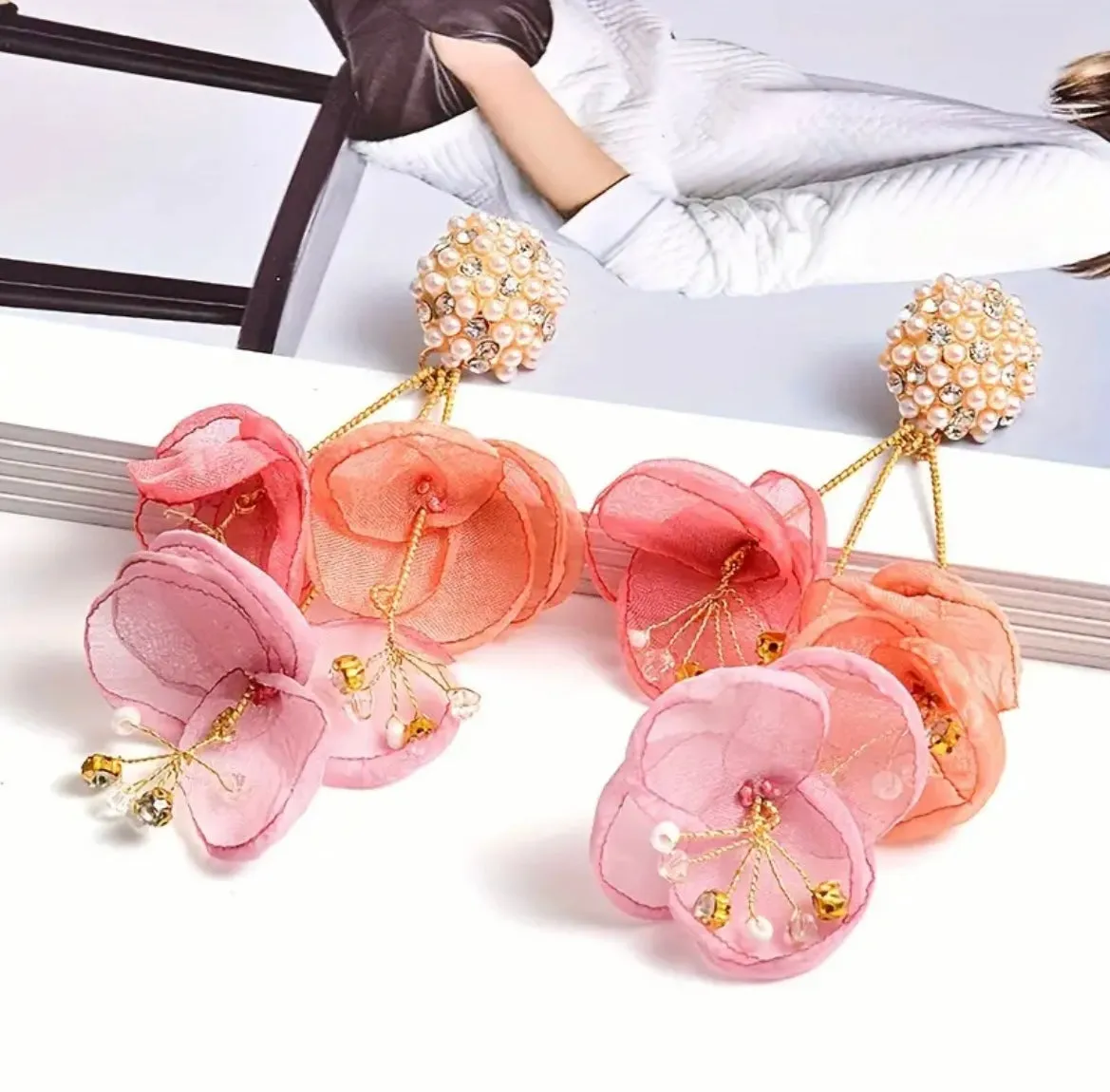 Fabric Flower Petal Pearl Rhinestone Dangle Earrings