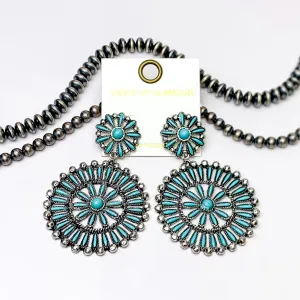 Faux Navajo Cluster Drop Silver Tone Earrings in Turquoise Blue