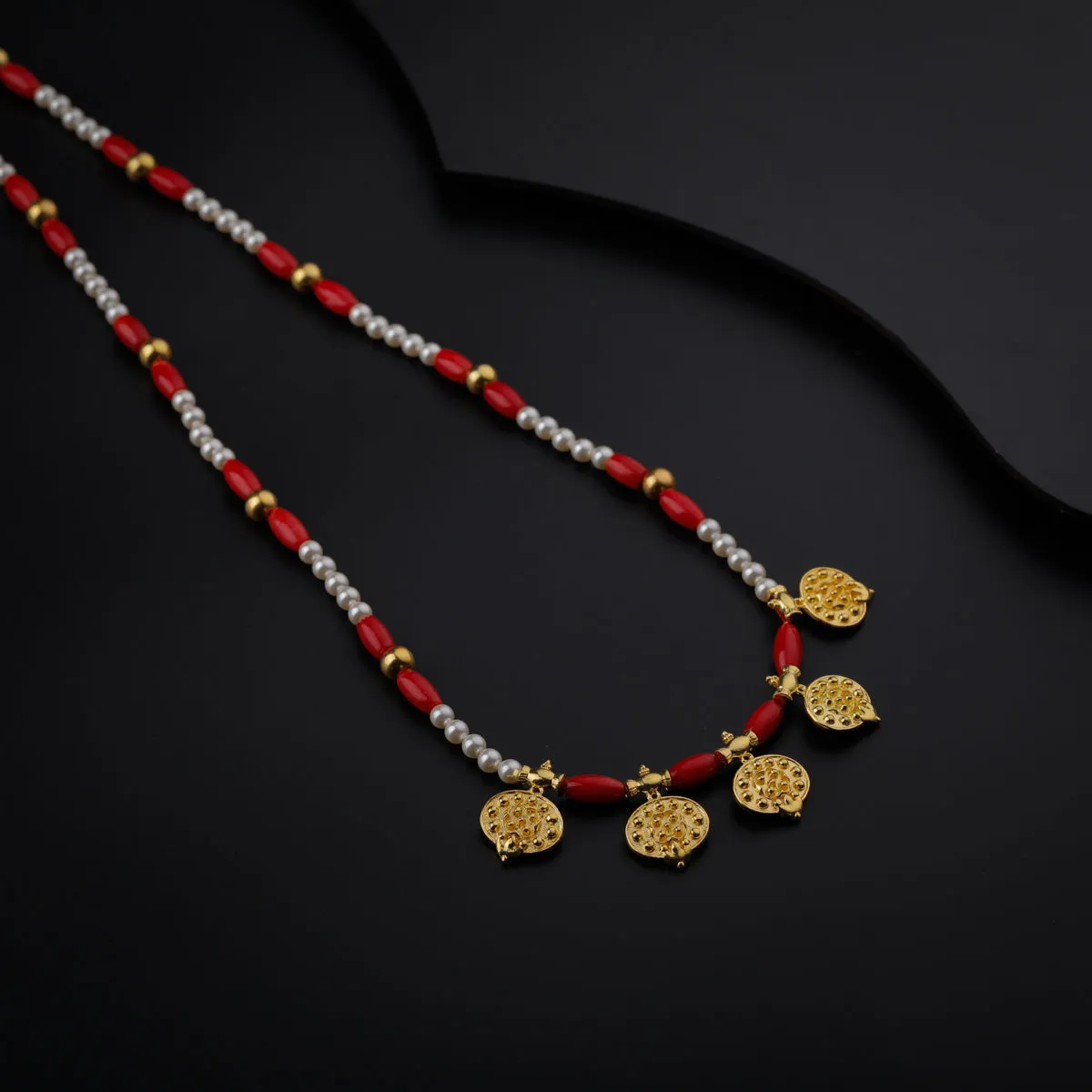 Gold Plated Silver Coral and Pearl Necklace with Saaj Motif