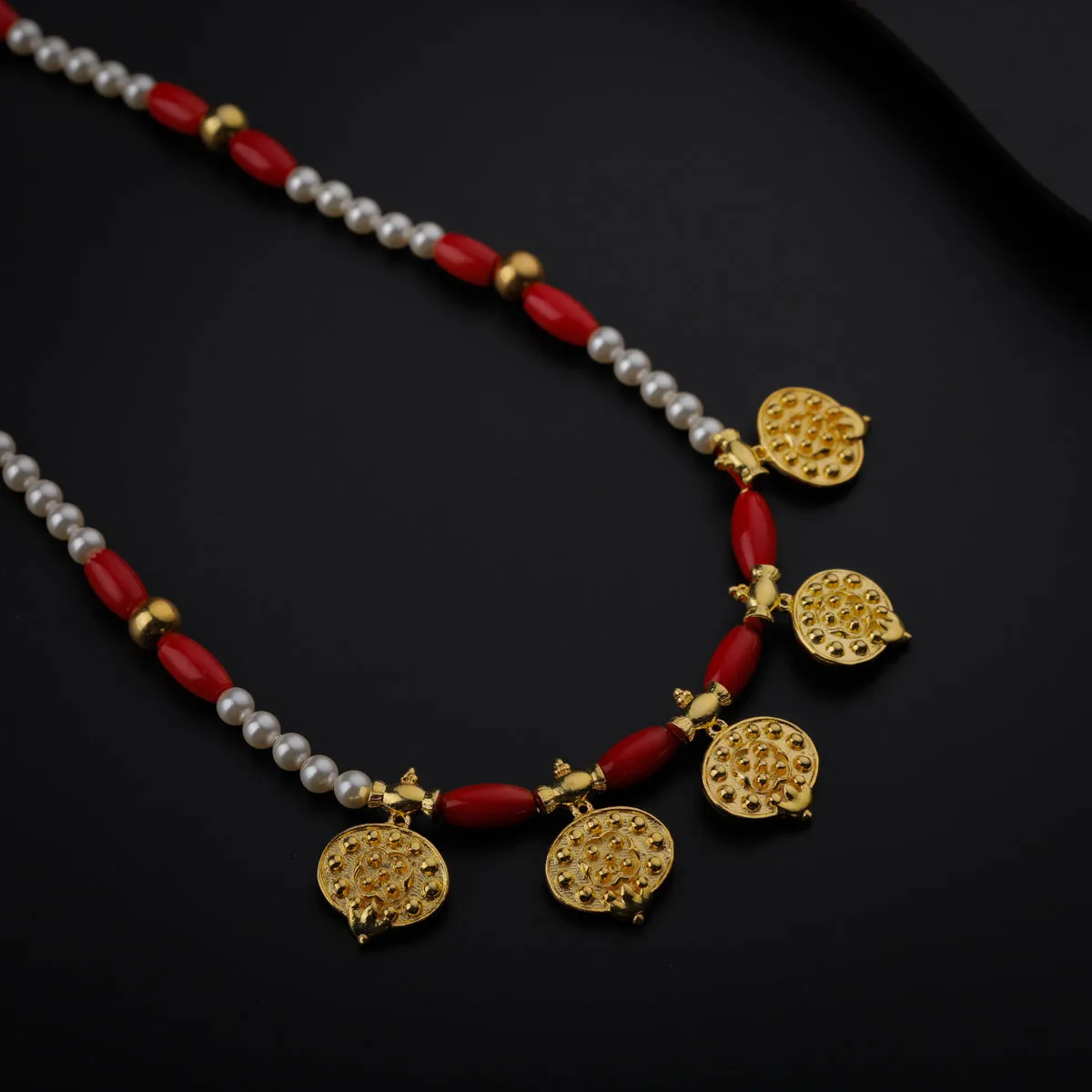 Gold Plated Silver Coral and Pearl Necklace with Saaj Motif