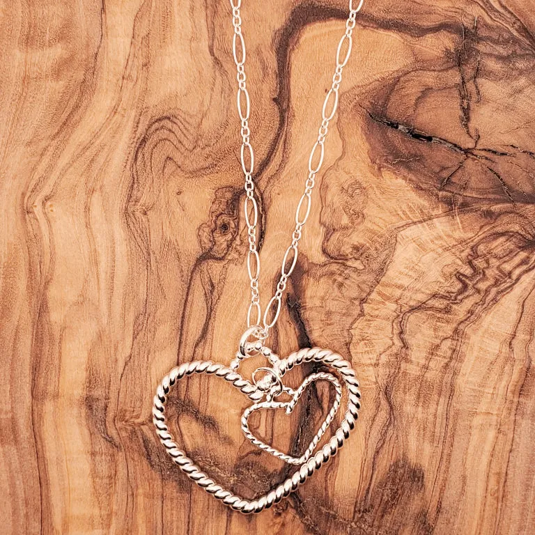 Handmade Sterling Silver Large Heart Pendant Necklace – Twisted Wire & Dangle Heart, - Interchangeable Chain