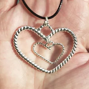 Handmade Sterling Silver Large Heart Pendant Necklace – Twisted Wire & Dangle Heart, - Interchangeable Chain