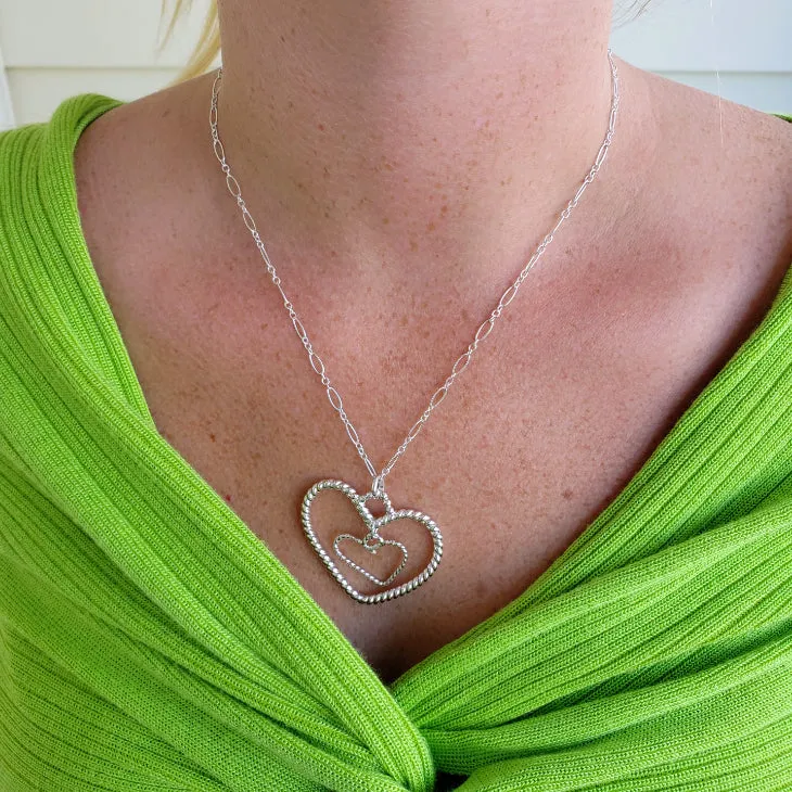 Handmade Sterling Silver Large Heart Pendant Necklace – Twisted Wire & Dangle Heart, - Interchangeable Chain