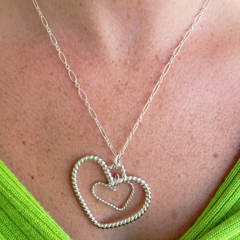 Handmade Sterling Silver Large Heart Pendant Necklace – Twisted Wire & Dangle Heart, - Interchangeable Chain