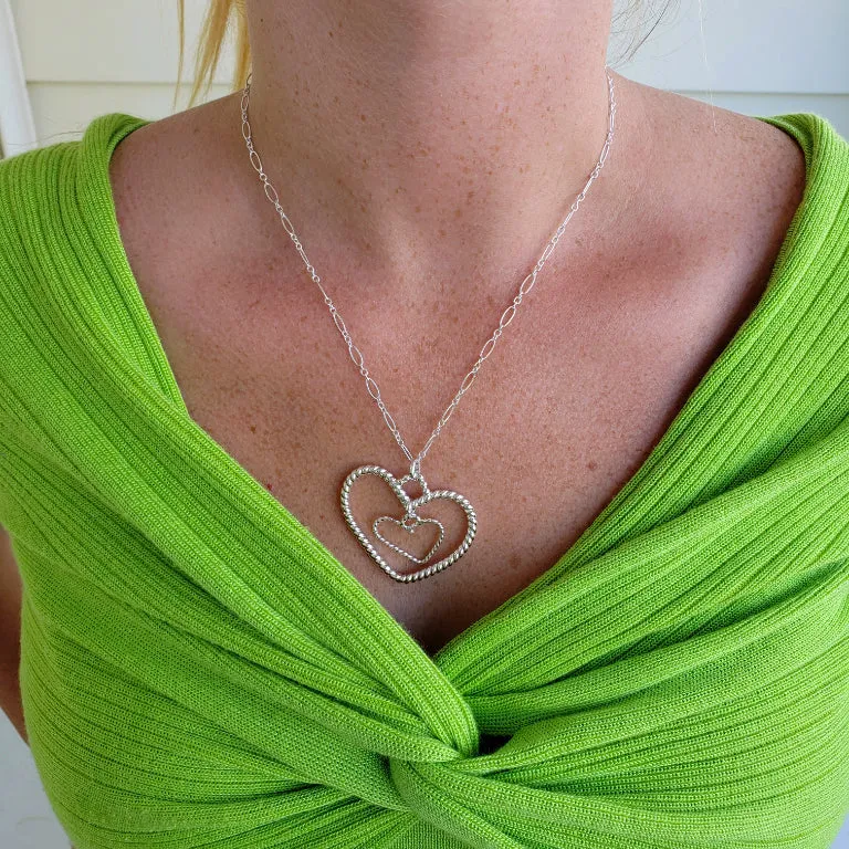 Handmade Sterling Silver Large Heart Pendant Necklace – Twisted Wire & Dangle Heart, - Interchangeable Chain