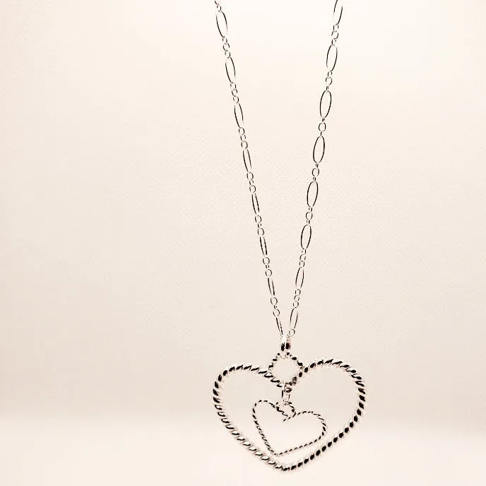 Handmade Sterling Silver Large Heart Pendant Necklace – Twisted Wire & Dangle Heart, - Interchangeable Chain