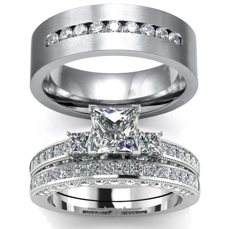 His & Hers Crystal Rhinestones and Cubic Zirconia Wedding, Engagement Ring Set