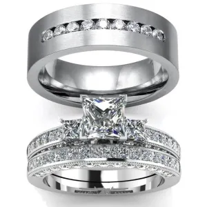His & Hers Crystal Rhinestones and Cubic Zirconia Wedding, Engagement Ring Set
