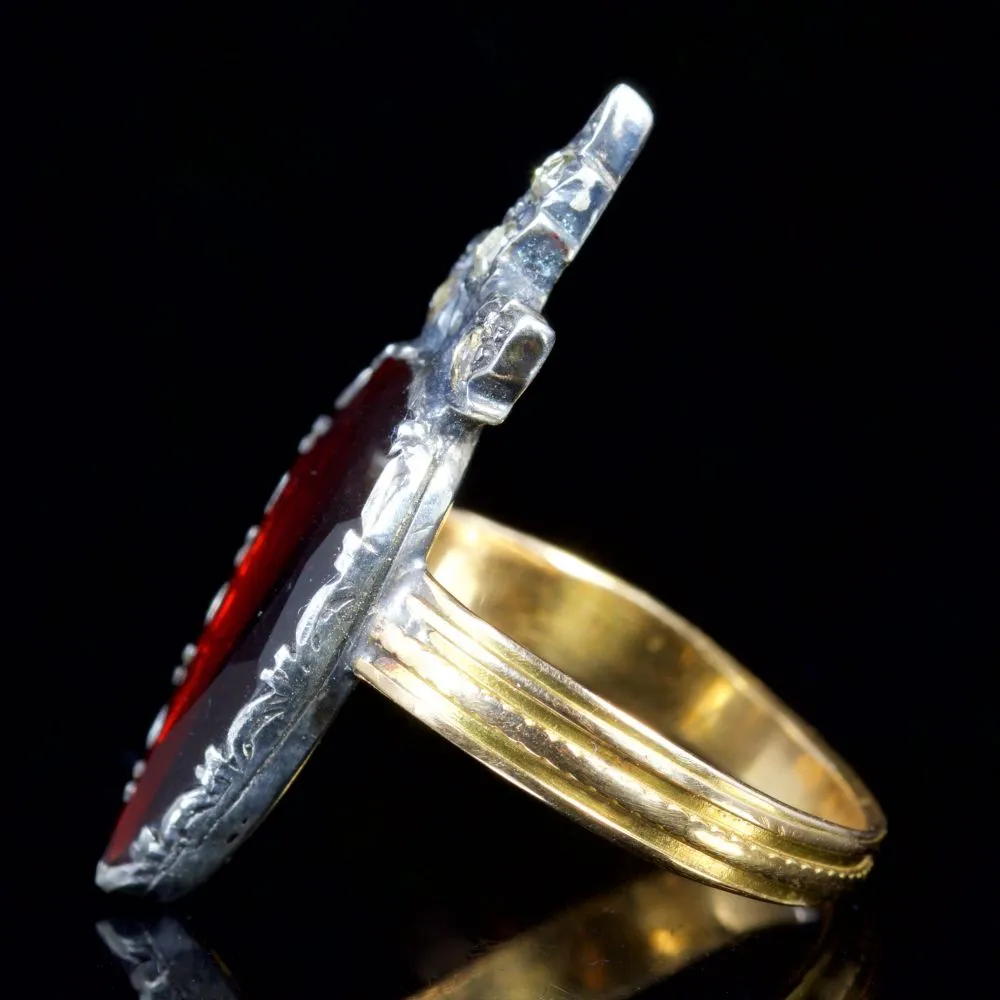 Large Flat Cut Garnet Diamond Ring 18Ct Silver