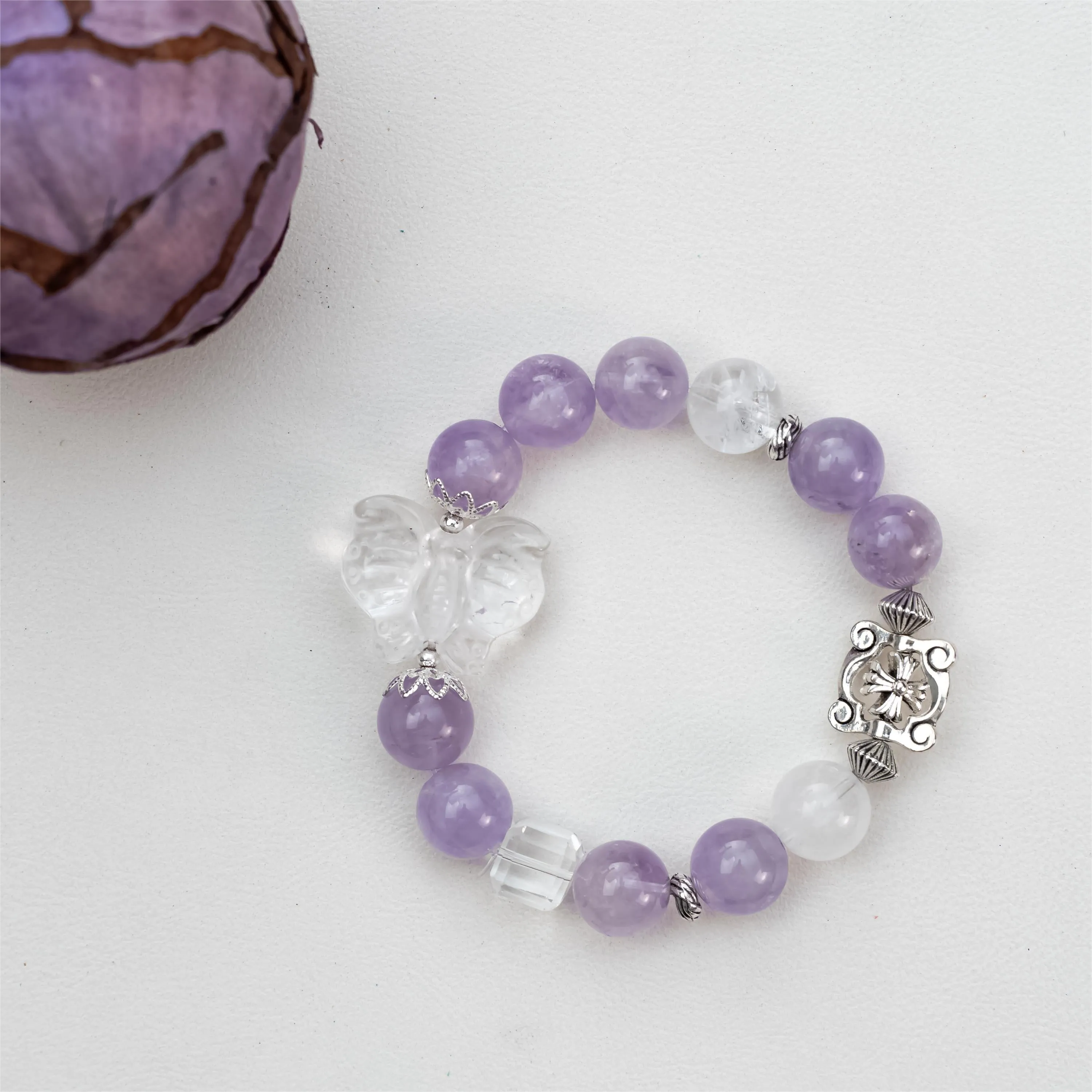 Lavender Amethyst Clear Quartz Butterfly Bracelet