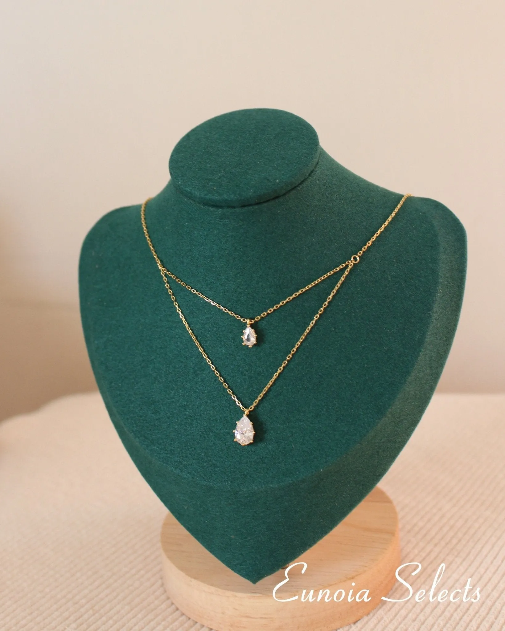 Lily Dual Pendant Necklace, S925 Silver Chain w. Teardrop Cubic Zirconia