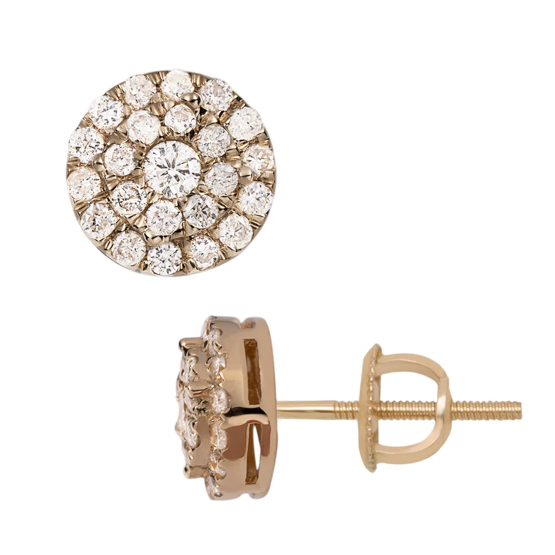 Men's Round Halo Cluster Diamond Stud Earrings 0.8ct 14K Yellow Gold