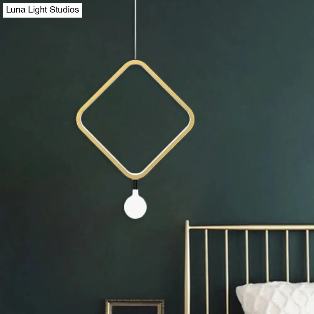 Minimal LED Hanging Lamp in Brass with Milk Glass Shade for Bedside, Warm/White Light - Round/Rhombus