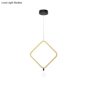 Minimal LED Hanging Lamp in Brass with Milk Glass Shade for Bedside, Warm/White Light - Round/Rhombus