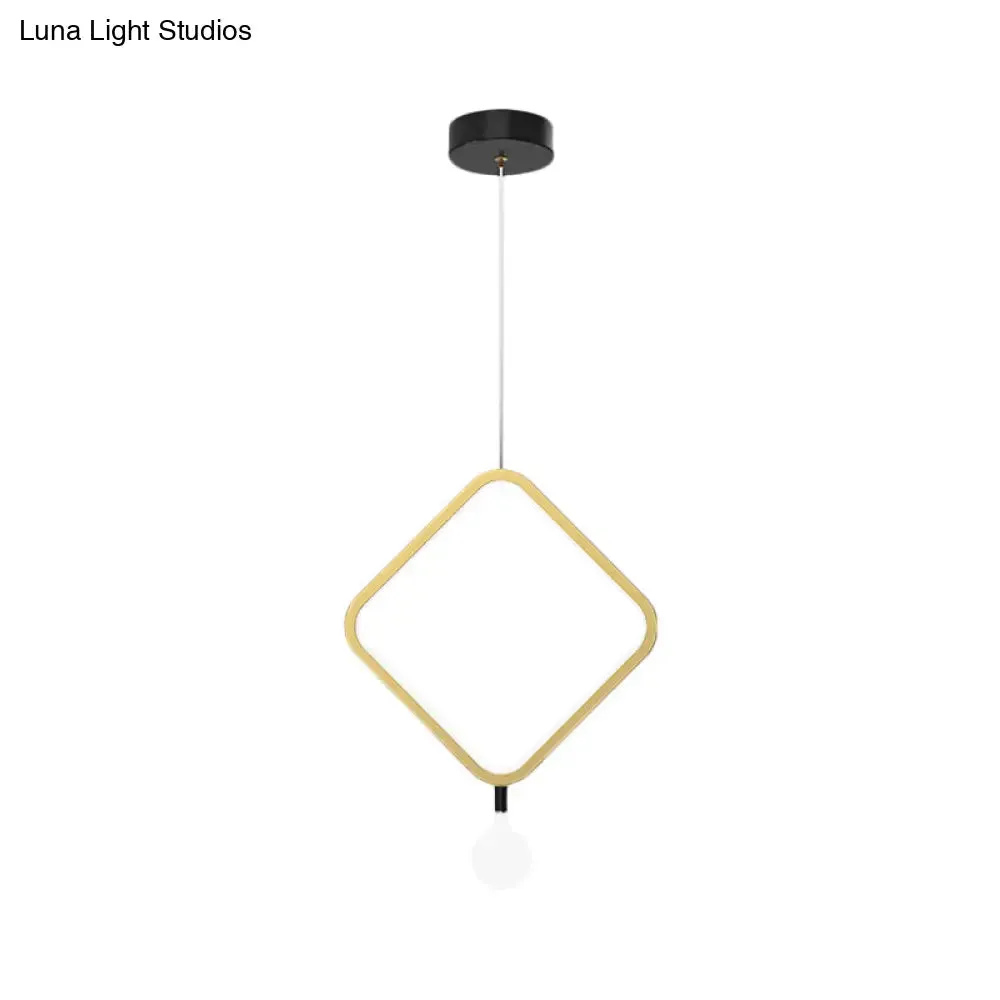 Minimal LED Hanging Lamp in Brass with Milk Glass Shade for Bedside, Warm/White Light - Round/Rhombus