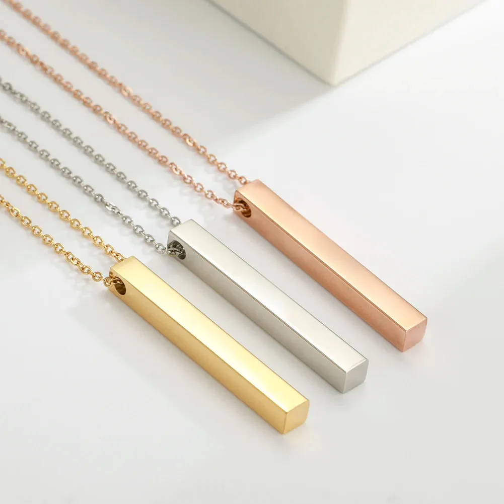 Mirror Polished Stainless Steel Square Vertical Bar Pendant Necklace for Women