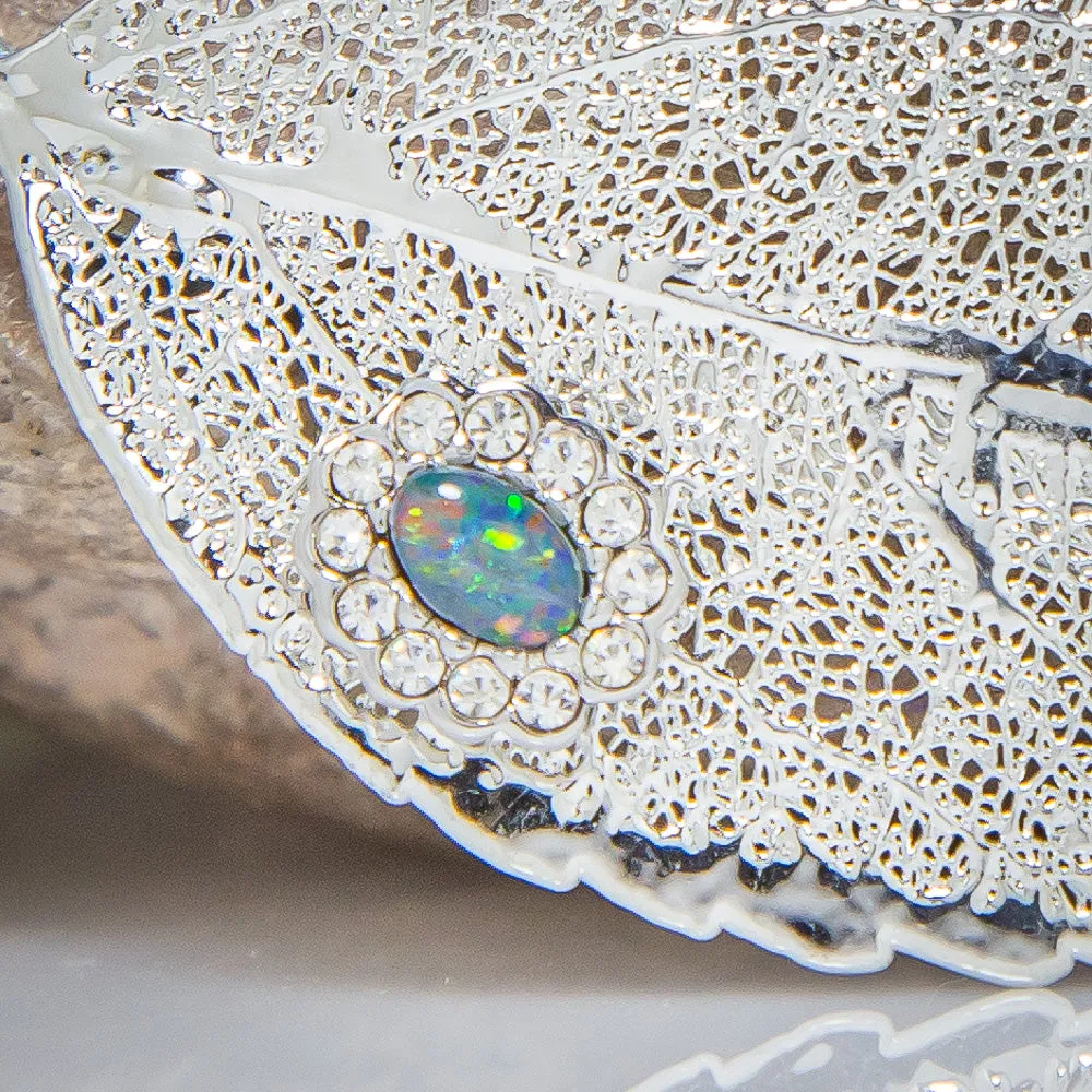 Opal & Sparkling Zirconia on Silver Eucalyptus Leaf Brooch
