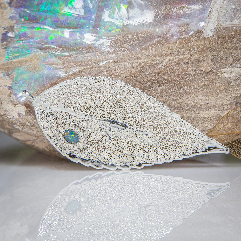 Opal & Sparkling Zirconia on Silver Eucalyptus Leaf Brooch