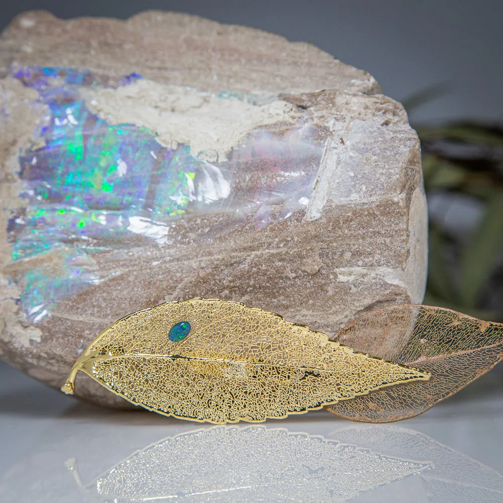 Opal on Eucalyptus Leaf Gold Brooch