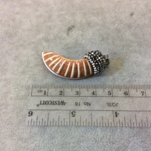 Pave Rhinestone Encrusted Curved Tusk Shaped Shell Pendant with Gray/White Rhinestones and Attached Bail - Measuring 14mm x 45mm, Approx.